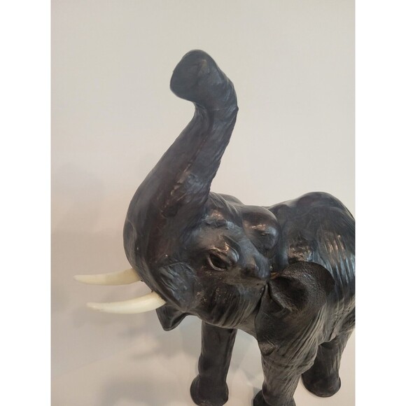 Elephant Black Leather Wrapped Vintage 13-14” Lucky Trunk Up Sculpture Statue - Picture 6 of 12